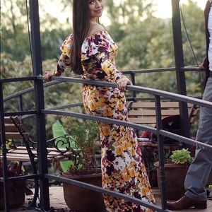 Long sleeve, off-the-shoulder, floral dress